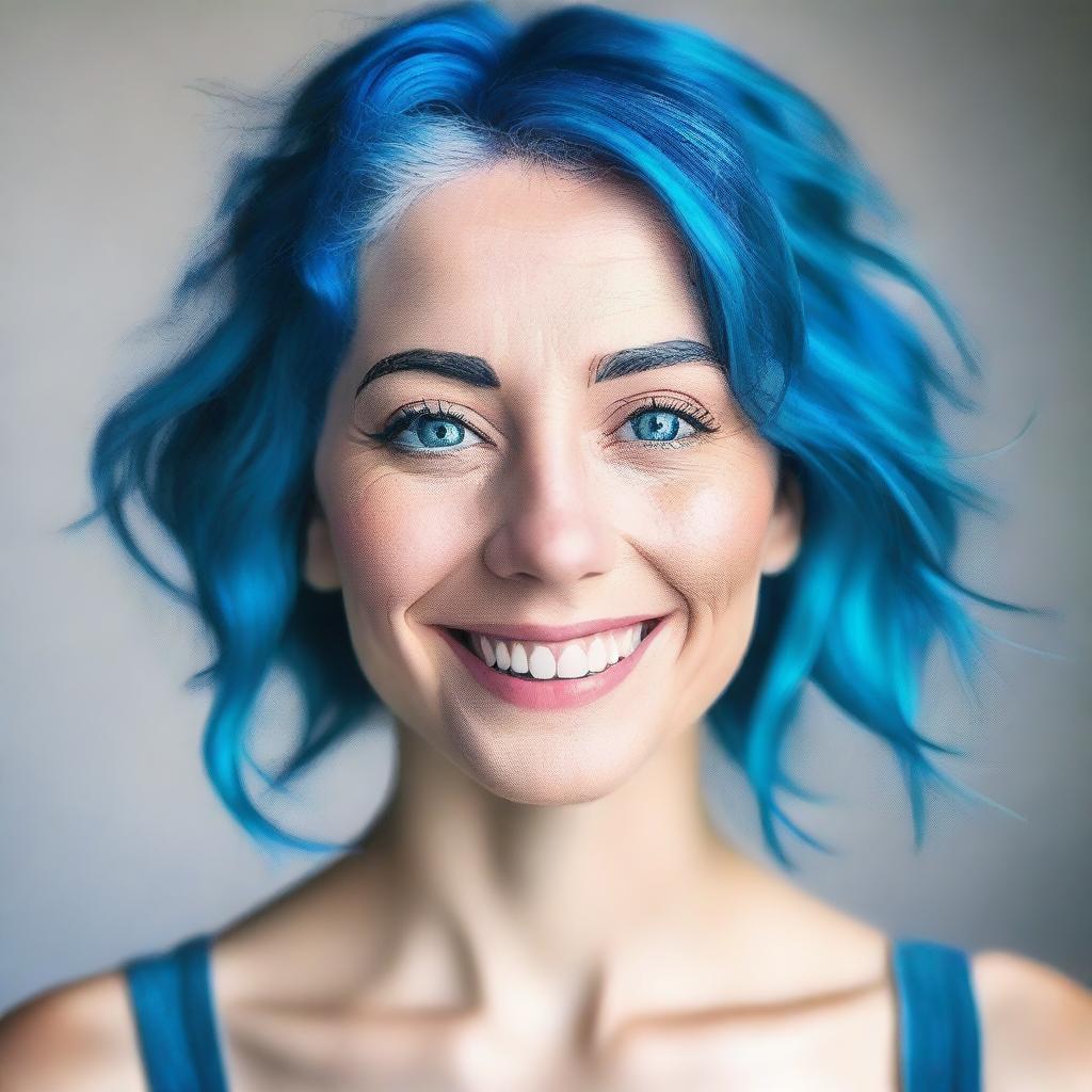 A kind and understanding woman with blue hair and blue eyes, showing empathy and compassion towards others