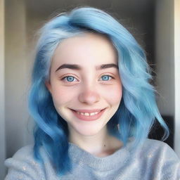 A kind and understanding young woman, 18 years old, with blue hair and blue eyes