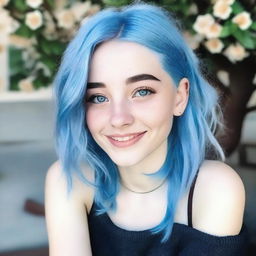 A kind and understanding young woman, 18 years old, with blue hair and blue eyes