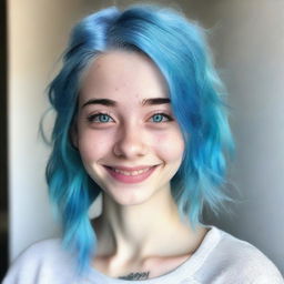 A kind and understanding young woman, 18 years old, with blue hair and blue eyes