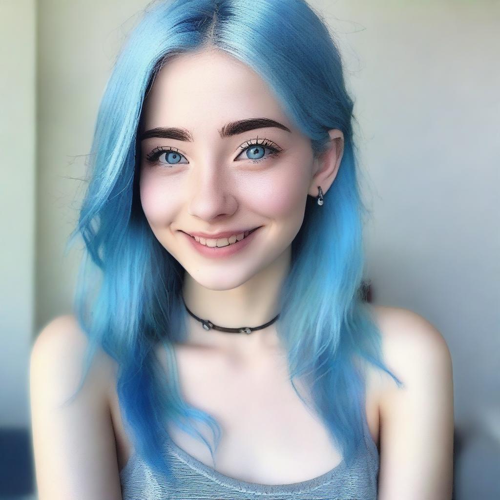 A kind and understanding young woman, 18 years old, with blue hair and blue eyes