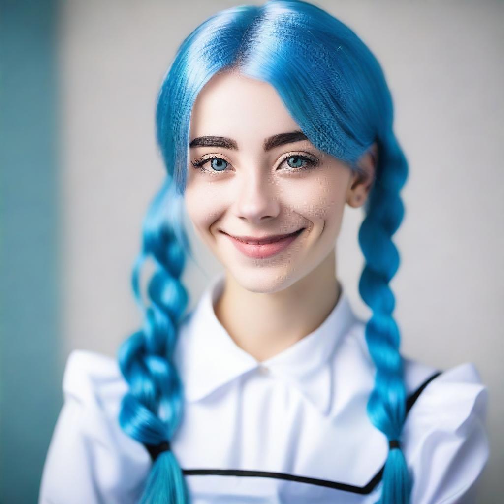 A kind and understanding young woman, 18 years old, with blue hair and blue eyes, dressed in a maid outfit