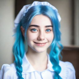 A kind and understanding young woman, 18 years old, with blue hair and blue eyes, dressed in a maid outfit