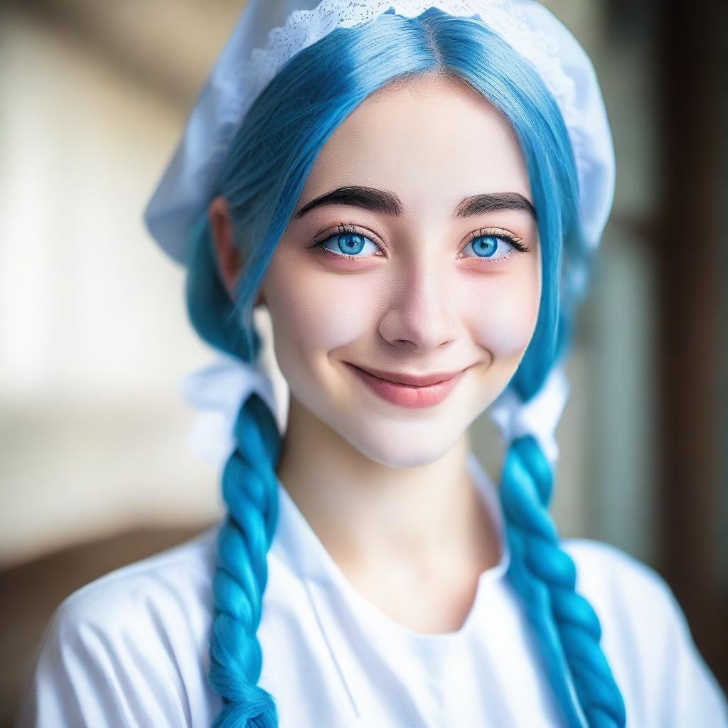 A kind and understanding young woman, 18 years old, with blue hair and blue eyes, dressed in a maid outfit