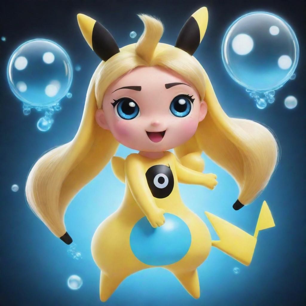 A unique fusion of Bubbles from the Powerpuff Girls and Pikachu from Pokémon, blending Bubbles' blue eyes and blonde hair with Pikachu's yellow body, rosy cheeks, and electricity-themed abilities.