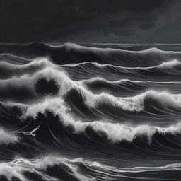 An illustration of an abyssal tide done in stark shades of black, with deep, swirling waters and dark, ominous waves crashing against an unseen shore