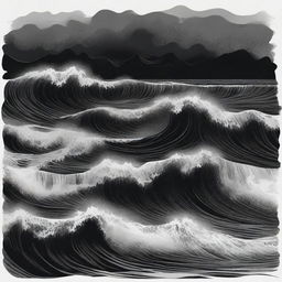 An illustration of an abyssal tide done in stark shades of black, with deep, swirling waters and dark, ominous waves crashing against an unseen shore