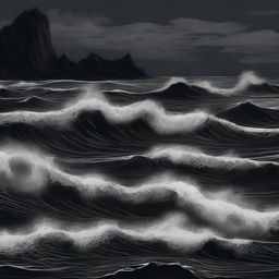 An illustration of an abyssal tide done in stark shades of black, with deep, swirling waters and dark, ominous waves crashing against an unseen shore