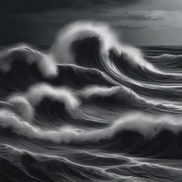 An illustration of an abyssal tide done in stark shades of black, with deep, swirling waters and dark, ominous waves crashing against an unseen shore