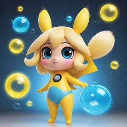 A unique fusion of Bubbles from the Powerpuff Girls and Pikachu from Pokémon, blending Bubbles' blue eyes and blonde hair with Pikachu's yellow body, rosy cheeks, and electricity-themed abilities.