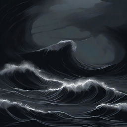 An illustration of an abyssal tide done in stark shades of black, with deep, swirling waters and dark, ominous waves crashing against an unseen shore