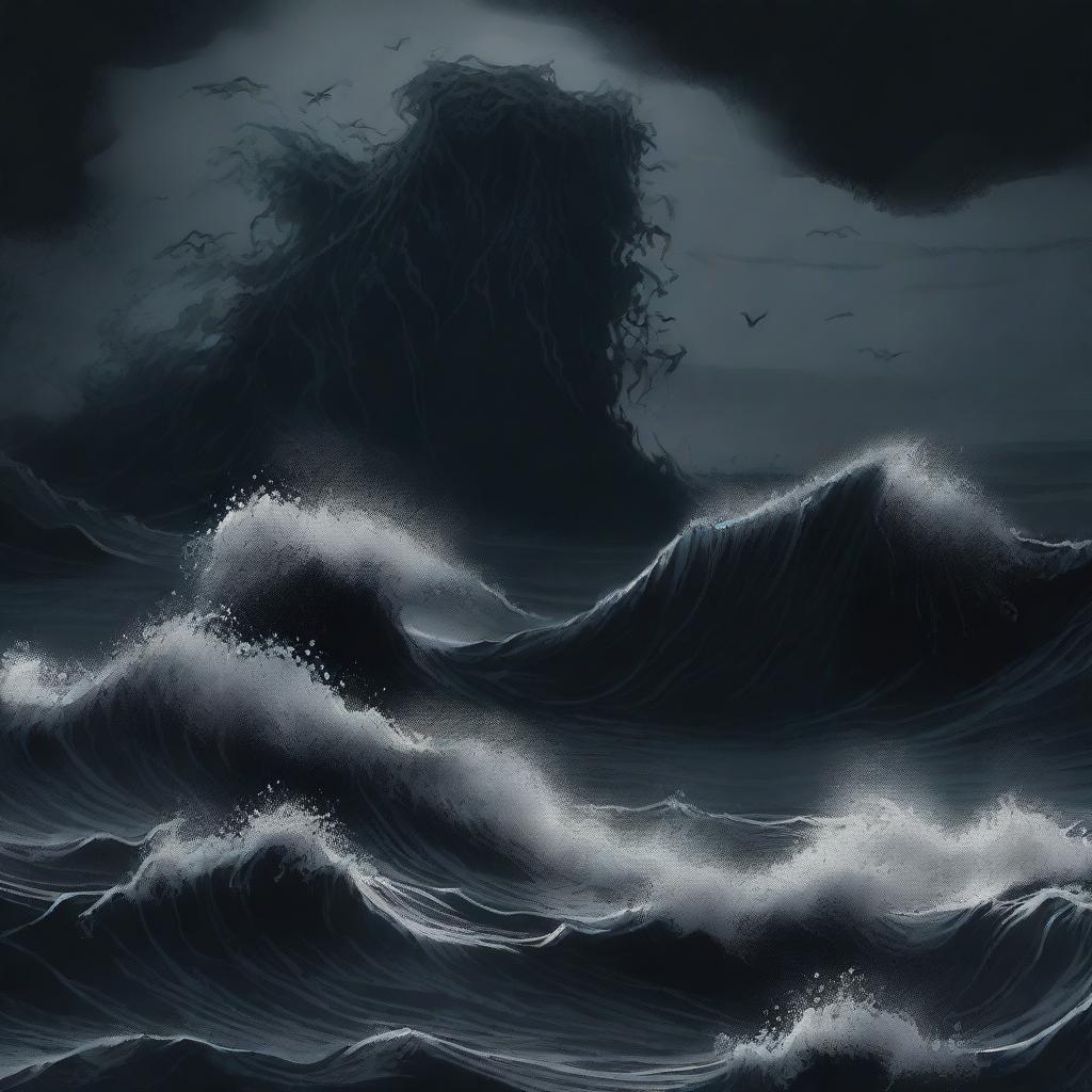 An illustration of an abyssal tide done in stark shades of black, with deep, swirling waters and dark, ominous waves crashing against an unseen shore