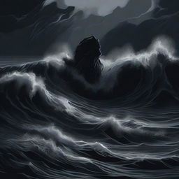 An illustration of an abyssal tide done in stark shades of black, with deep, swirling waters and dark, ominous waves crashing against an unseen shore