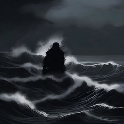 An illustration of an abyssal tide done in stark shades of black, with deep, swirling waters and dark, ominous waves crashing against an unseen shore