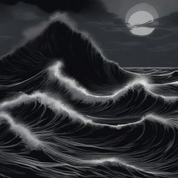 An illustration of an abyssal tide done in stark shades of black, with deep, swirling waters and dark, ominous waves crashing against an unseen shore