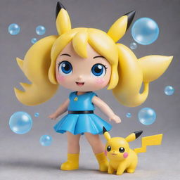 A unique fusion of Bubbles from the Powerpuff Girls and Pikachu from Pokémon, blending Bubbles' blue eyes and blonde hair with Pikachu's yellow body, rosy cheeks, and electricity-themed abilities.