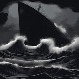 An illustration of an abyssal tide done in stark shades of black, with deep, swirling waters and dark, ominous waves crashing against an unseen shore