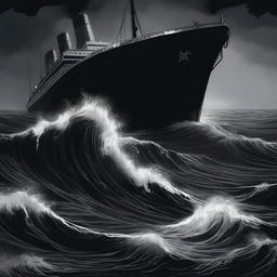 An illustration of an abyssal tide done in stark shades of black, with deep, swirling waters and dark, ominous waves crashing against an unseen shore