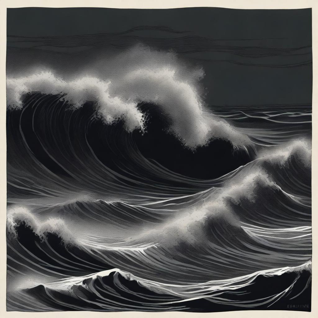 An illustration of an abyssal tide done in stark shades of black, with deep, swirling waters and dark, ominous waves crashing against an unseen shore