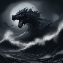 An illustration of an abyssal tide done in stark shades of black, with deep, swirling waters and dark, ominous waves crashing against an unseen shore