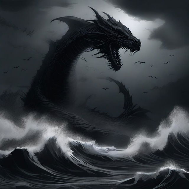 An illustration of an abyssal tide done in stark shades of black, with deep, swirling waters and dark, ominous waves crashing against an unseen shore