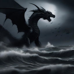 An illustration of an abyssal tide done in stark shades of black, with deep, swirling waters and dark, ominous waves crashing against an unseen shore