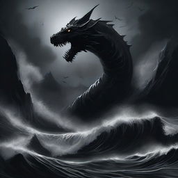 An illustration of an abyssal tide done in stark shades of black, with deep, swirling waters and dark, ominous waves crashing against an unseen shore