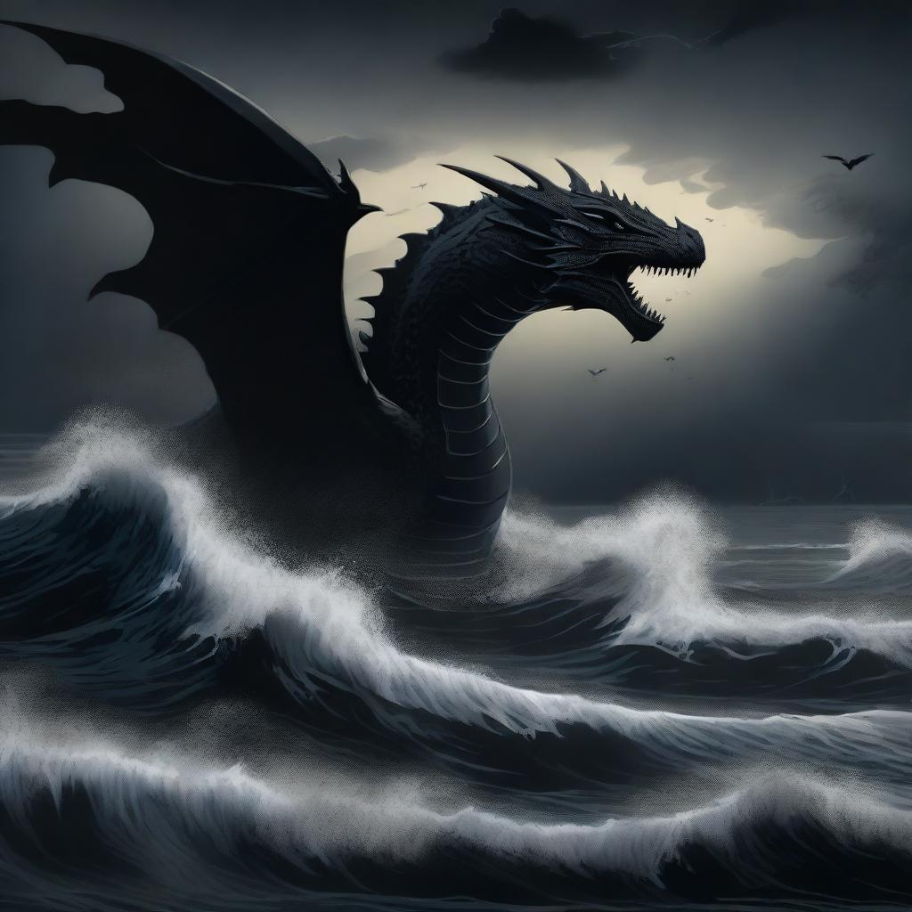 An illustration of an abyssal tide done in stark shades of black, with deep, swirling waters and dark, ominous waves crashing against an unseen shore