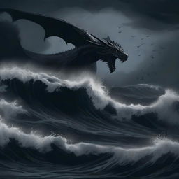 An illustration of an abyssal tide done in stark shades of black, with deep, swirling waters and dark, ominous waves crashing against an unseen shore