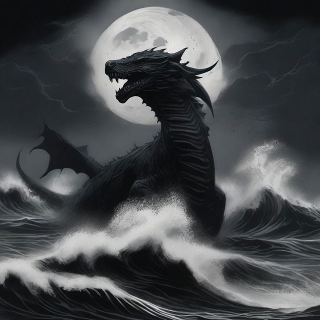 An illustration of an abyssal tide done in stark shades of black, with deep, swirling waters and dark, ominous waves crashing against an unseen shore