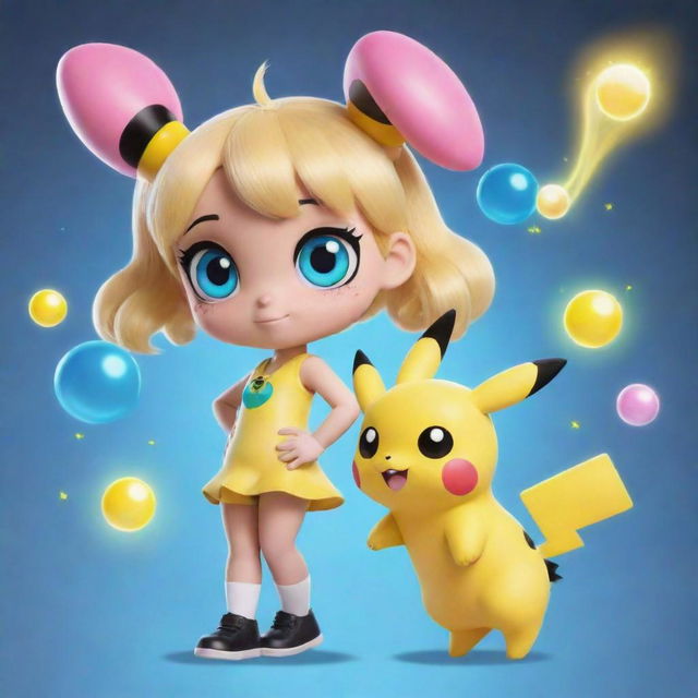 A unique fusion of Bubbles from the Powerpuff Girls and Pikachu from Pokémon, blending Bubbles' blue eyes and blonde hair with Pikachu's yellow body, rosy cheeks, and electricity-themed abilities.