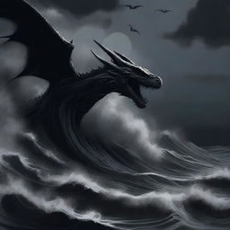 An illustration of an abyssal tide done in stark shades of black, with deep, swirling waters and dark, ominous waves crashing against an unseen shore