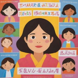 A child-friendly poster promoting non-violence against women, using simple, bright colors, friendly characters, and easy-to-understand language