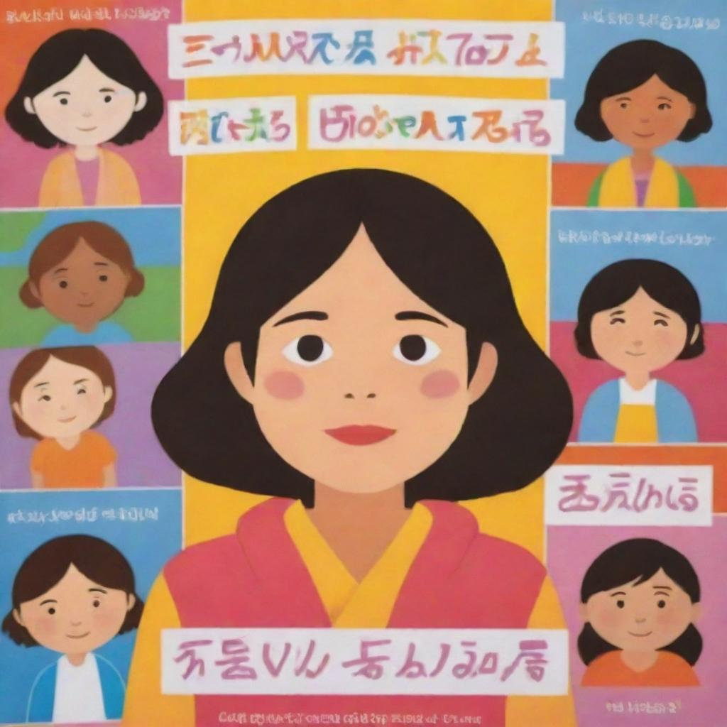 A child-friendly poster promoting non-violence against women, using simple, bright colors, friendly characters, and easy-to-understand language
