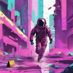 An illustration of a lone man in a spacesuit running through a futuristic city that is being destroyed