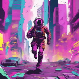 An illustration of a lone man in a spacesuit running through a futuristic city that is being destroyed