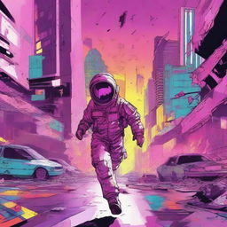 An illustration of a lone man in a spacesuit running through a futuristic city that is being destroyed