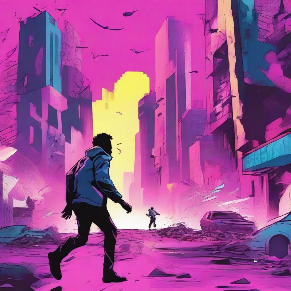 An illustration of a lone man running through a futuristic city that is being destroyed