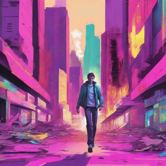 An illustration of a lone man running through a futuristic city that is being destroyed