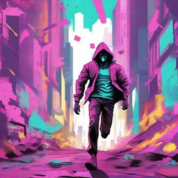 An illustration of a lone man running through a futuristic city that is being destroyed