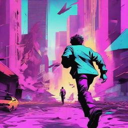 An illustration of a lone man running through a futuristic city that is being destroyed