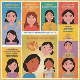 A child-friendly poster promoting non-violence against women, using simple, bright colors, friendly characters, and easy-to-understand language