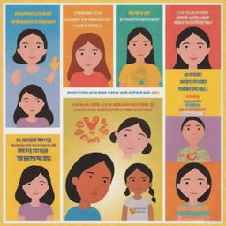 A child-friendly poster promoting non-violence against women, using simple, bright colors, friendly characters, and easy-to-understand language