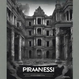 Create a movie poster for the novel 'Piranesi' featuring actors Rajkumar Rao, Irrfan Khan, Radhika Apte, and Vicky Kaushal