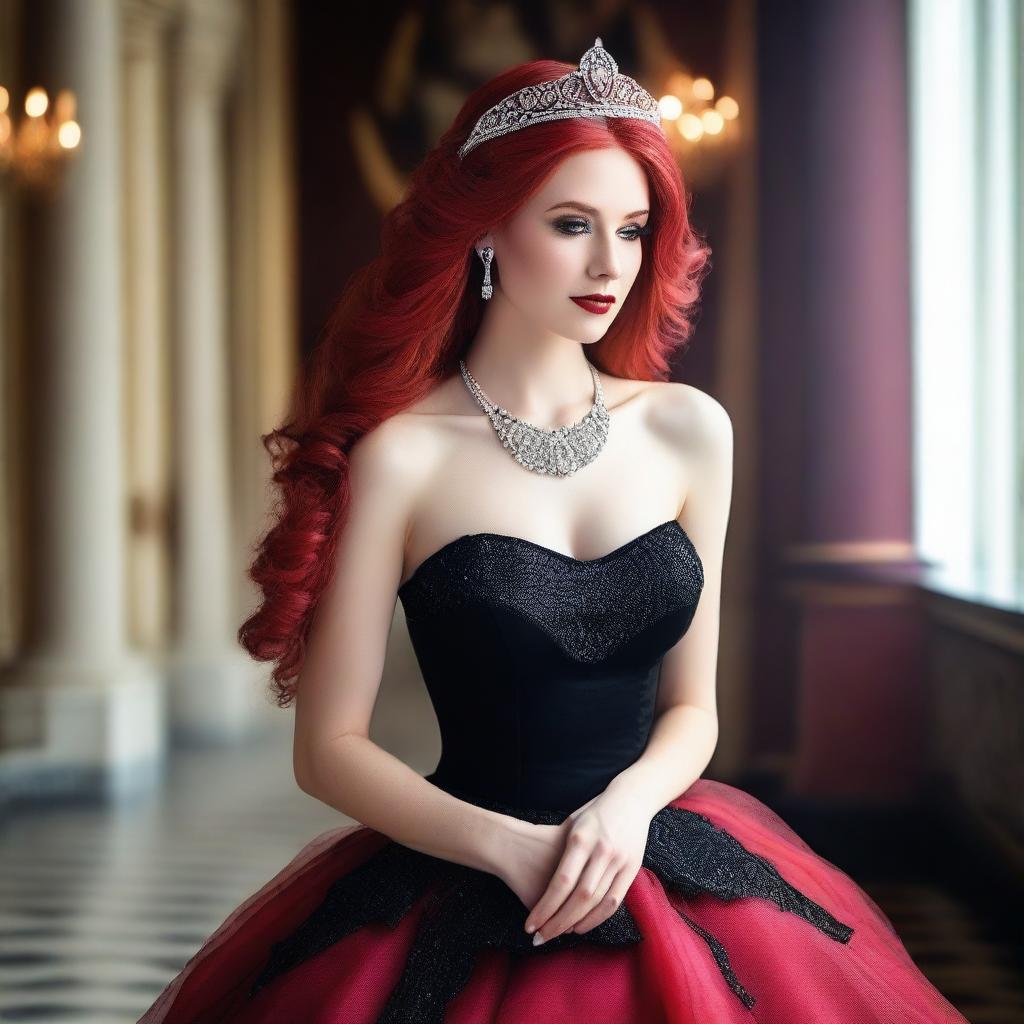 A beautiful woman with long red hair, wearing a sparkling princess tiara and a striking red necklace