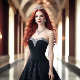 A beautiful woman with long red hair, wearing a sparkling princess tiara and a striking red necklace