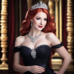 A beautiful woman with long red hair, wearing a sparkling princess tiara and a striking red necklace