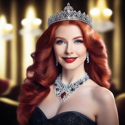 A beautiful woman with long red hair, wearing a sparkling princess tiara and a striking red necklace