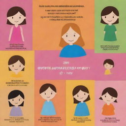 A child-friendly poster promoting non-violence against women, using simple, bright colors, friendly characters, and easy-to-understand language