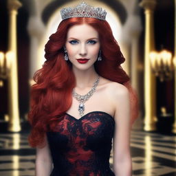 A beautiful woman with long red hair, wearing a shimmering tiara and a striking red necklace